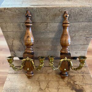Vintage Wall Wood/Metal Double Arm Leaf Scroll Scone/Candleholders